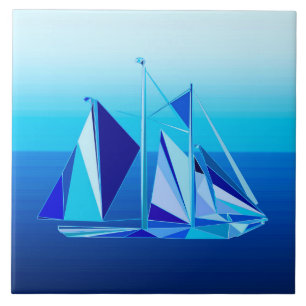 Modern geometrisk segelbåt/Yacht, koboltblå Kakelplatta