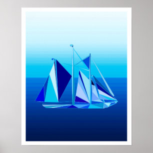 Modern geometrisk segelbåt/Yacht, koboltblå Poster