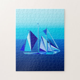 Modern geometrisk segelbåt/Yacht, koboltblå Pussel