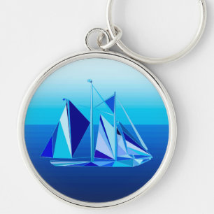 Modern geometrisk segelbåt/Yacht, koboltblå Rund Silverfärgad Nyckelring
