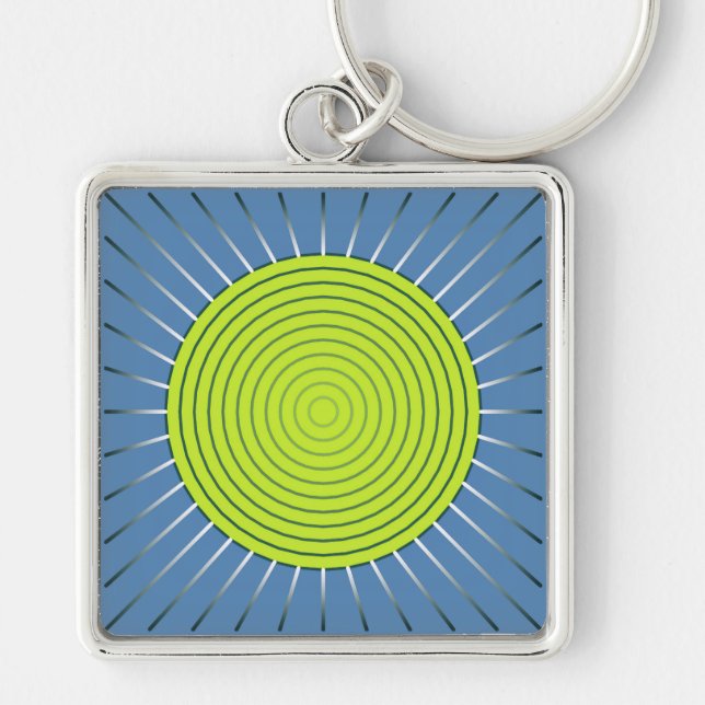 Modern geometrisk solsprängning - Lime and Denim B Fyrkantig Silverfärgad Nyckelring (Framsidan)