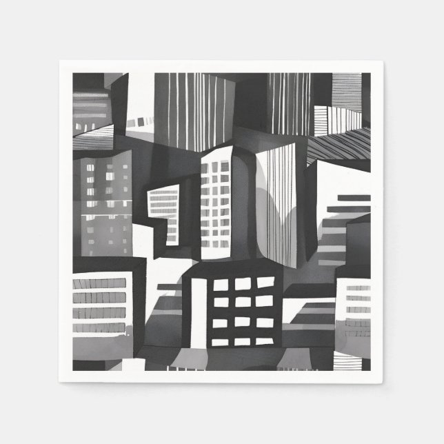 Modern geometrisk stad | Svart & Vit Modern Pappersservett (Framsidan)