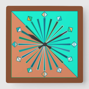 Modern geometrisk Sunburst, Aqua & choklad - brunt Fyrkantig Klocka