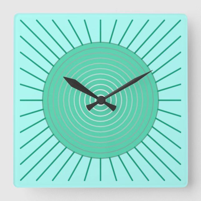 Modern geometrisk Sunburst - Aqua och Seafoam Fyrkantig Klocka (Framsida)