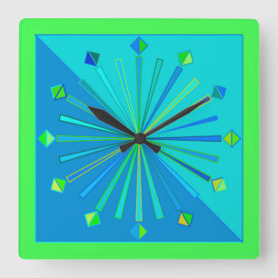 Modern geometrisk sunburst-, turkos- & fyrkantig klocka