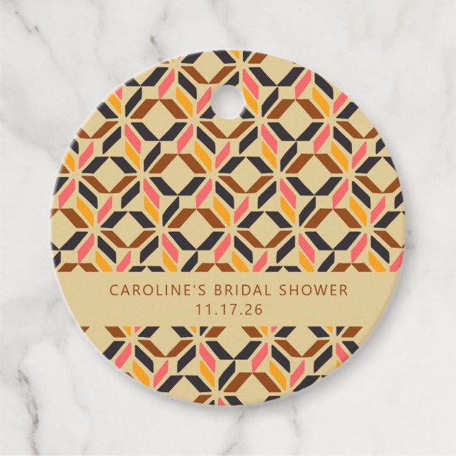 Modern geometrisk svart gul anpassad bröllopsdusch gåvor etiketter (Framsida)