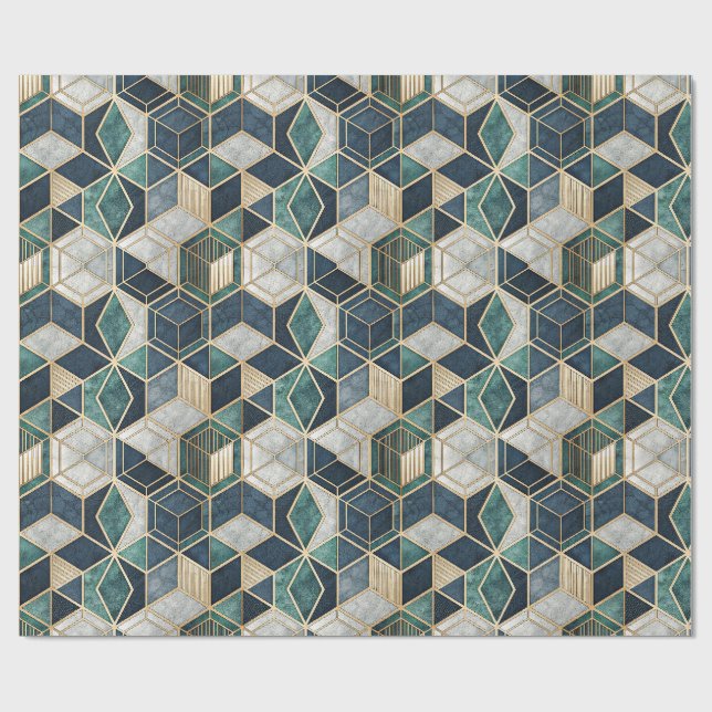 Modern geometrisk teal och guld abstrakt mönster presentpapper (Platt)