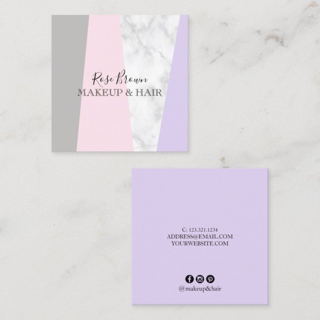 Modern geometrisk vit marmormakeup och hår fyrkantigt visitkort (Fram/baksida)