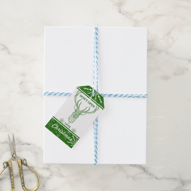 Modern geometrisk vit och grönt-julklapp-hjort presentetikett (Med Snöre)