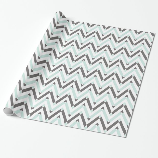Modern Geometrius Blue Grått White Chevron Presentpapper (Utrullad)
