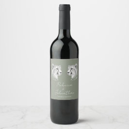 Modern Gepardkonst Elegant Salvia Vit Bröllop Vinflaska Etikett