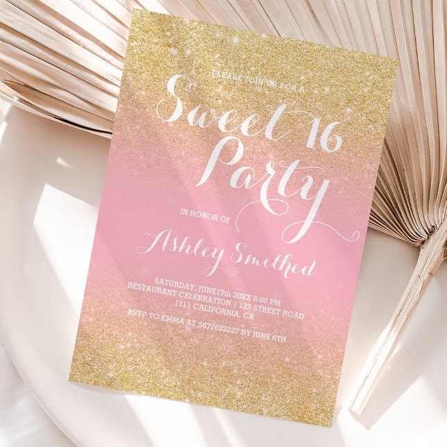 Modern gifaux faux guld glitter ombre rosa Sweet 1 Inbjudningar (Skapare uppladdad)