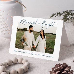 Modern Gift Bröllop Och Ljus Navy Handstilsfotogra Helgkort
