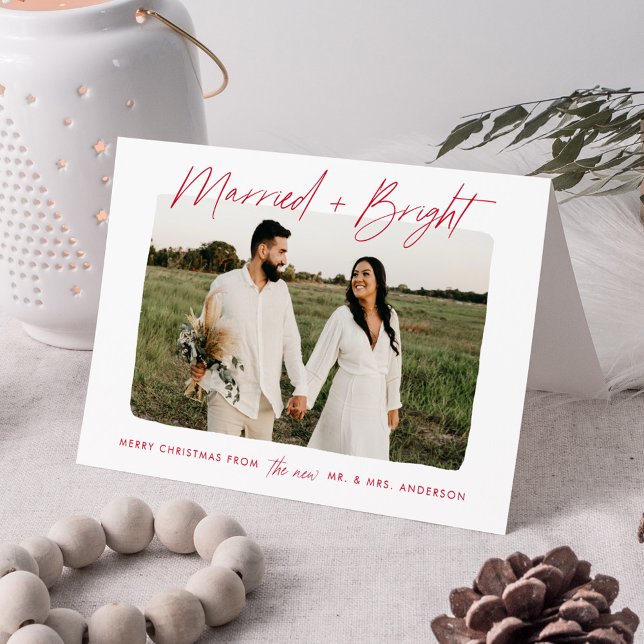 Modern Gift Bröllop Och Ljus Röda Script Foto Helgkort (Skapare uppladdad)