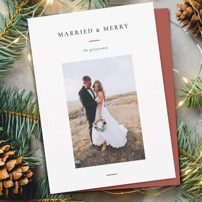Modern Gift & Glad Jul Foto Julkort (Modern Married & Merry Wedding Photo Holiday Card)
