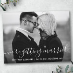 Modern Gifta sig Spara BW-fotot för datum Vykort<br><div class="desc">Modern Trendig Calligraphy Script par Photo Save the Date we is Gifta sig Förlovning Announcement Postcard - Black and White Photo</div>
