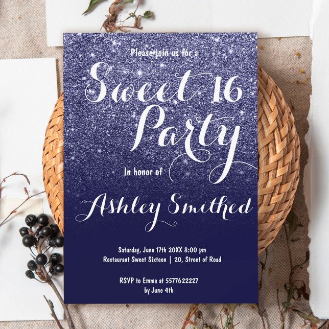 Modern giftig faux navy blue glitter ombre Sweet 1 Inbjudningar (Skapare uppladdad)