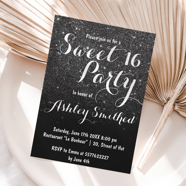Modern gigfaux svart glitter ombre Sweet 16 Inbjudningar (Skapare uppladdad)