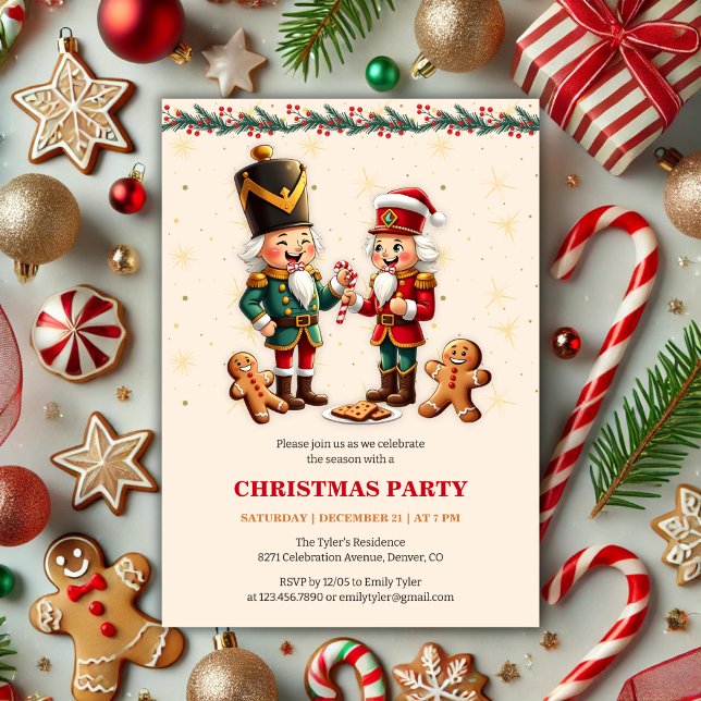 Modern Gingerbröd Nutcracker jul Party Inbjudningar (Modern and Festive Gingerbread Nutcracker Christmas Party Invitation)