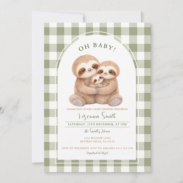 Modern Gingham Family Sloth Baby Shower Invitation Inbjudningar (Framsida)