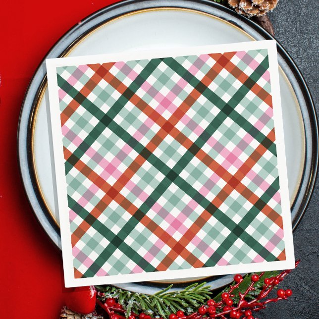 Modern Gingham Helgdag Dinner Napkins Pappersserve Pappersservett (Holiday Gingham dinner napkins in green, red and pink colors for Christmas Party. Modern plaid.)