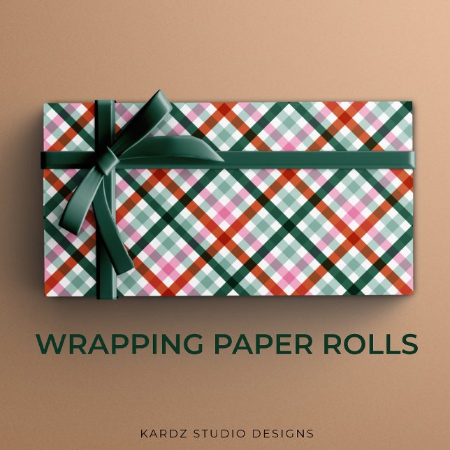 Modern Gingham-julklapp Papper Presentpapper (Christmas gift wrapping paper rolls with a Modern gingham pattern design in red, green, and pink.)