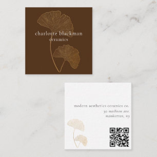 Modern Gingko Löv QR-kod Brun kvadratkort Fyrkantigt Visitkort
