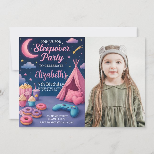 Modern Girls Slumber Party Card med foto Inbjudningar (Framsida)