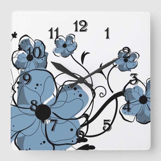 Modern Girly Blue och Black Flowers Fyrkantig Klocka (Framsida)