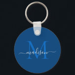 Modern Girly Blue White Monogram Namn Modern Girly Nyckelring<br><div class="desc">Enkel svart vit monogram-Elegant,  modern gigantisk skriptnyckelkedja</div>