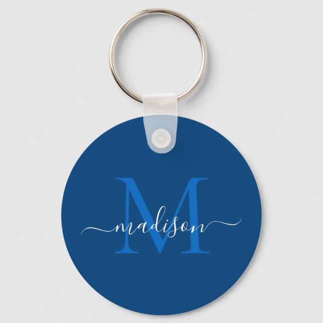 Modern Girly Blue White Monogram Namn Modern Girly Nyckelring (Framsida)