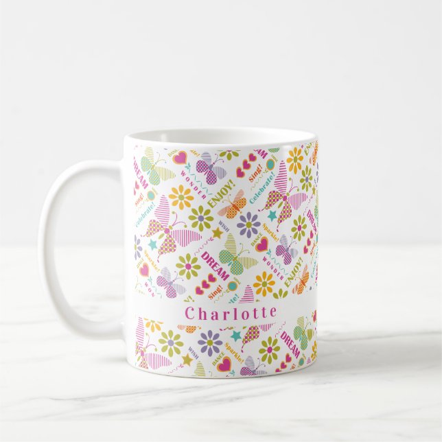 Modern Girly Butterfly Typography Mönster Kaffemugg (Vänster)