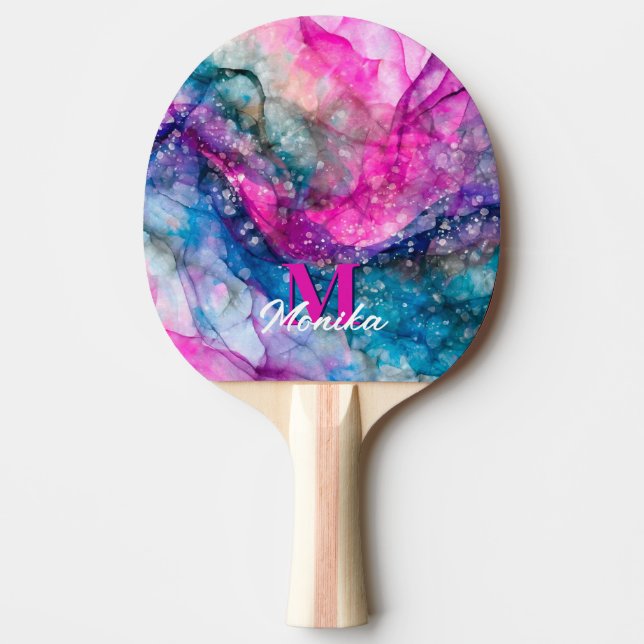 Modern Girly Colorful Marble Faux Glitter Monogram Pingisracket (Framsidan)
