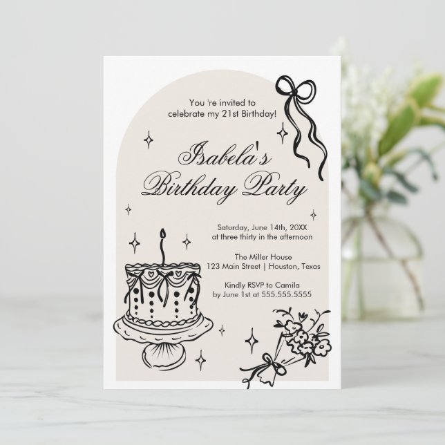 Modern girly doodle Birthday Invitation Inbjudningar (Stående Fram)