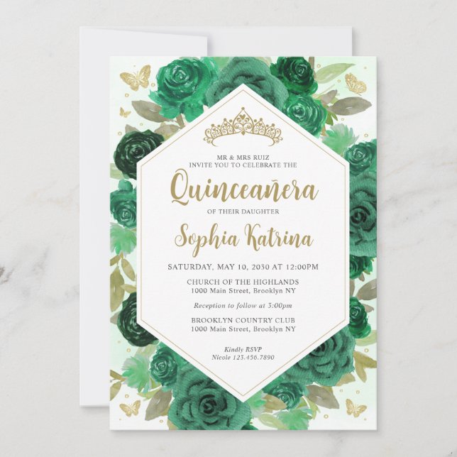 Modern Girly Emerald Grönt Blommigt Guld Quinceañe Inbjudningar (Framsida)