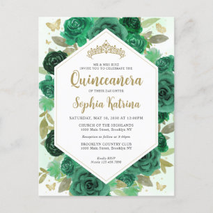 Modern Girly Emerald Grönt Blommigt Guld Quinceañe Vykort