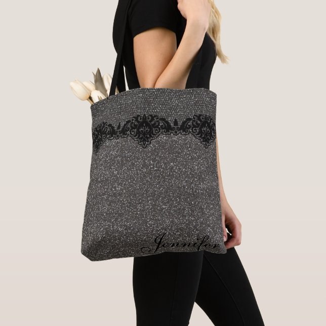 Modern Girly Grått Glitter Black Snöre Personlig Tygkasse (Närbild)