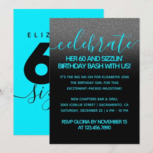 Modern Girly Ice Blue 60 och Sizzlin' Inbjudningar (Fram/baksida)
