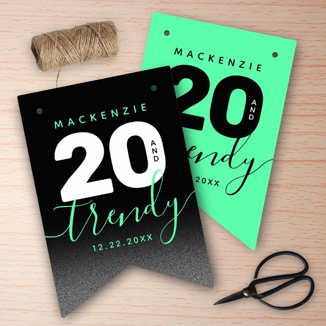 Modern Girly Mint Grönt 20 och Trendigets födelsed Vimplar (Girly Mint Green 20 and Trendy Her 20th Birthday Bunting Flags Cover Photo.)
