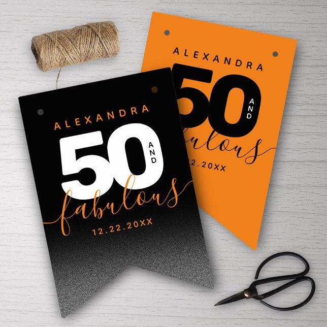Modern Girly Orange 50 och Fabulous Vimplar (Girly Orange 50 and Fabulous Her 50th Birthday Bunting Flags Cover Photo.)