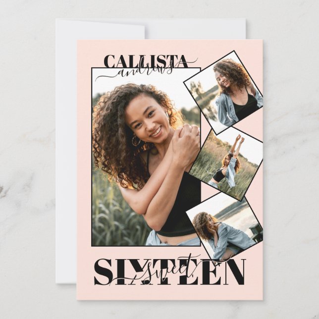 Modern Girly  Rosa Black Four Photo Sweet 16 Inbjudningar (Framsida)