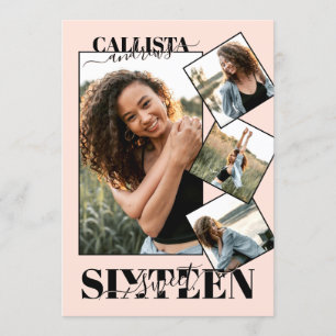 Modern Girly  Rosa Black Four Photo Sweet 16 Inbjudningar