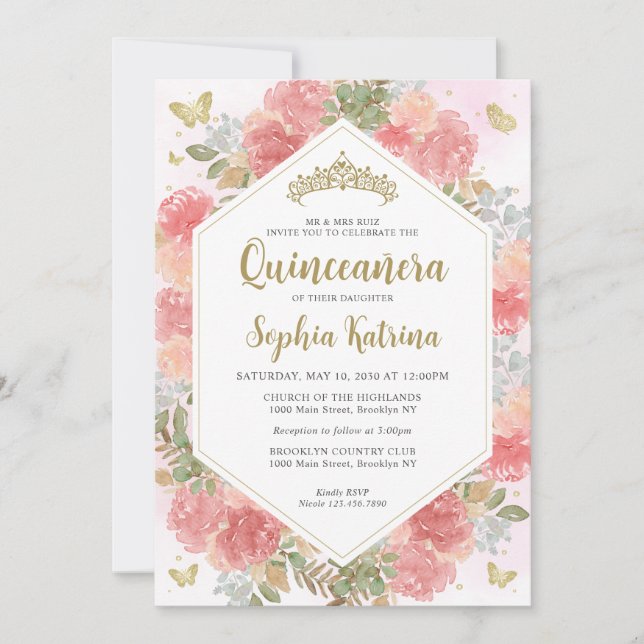 Modern Girly  Rosa Blommigt Guld Quinceañera Inbjudningar (Framsida)