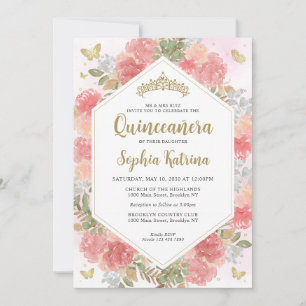 Modern Girly  Rosa Blommigt Guld Quinceañera Inbjudningar