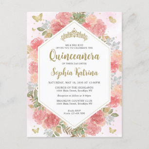 Modern Girly Rosa Blommigt Guld Quinceañera Vykort