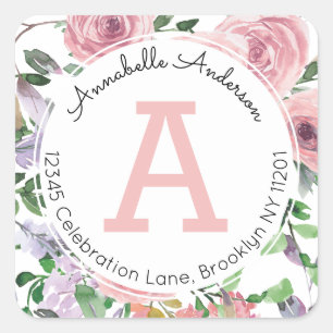 Modern Girly Rosa Blommigt Watercolor Monogram Fyrkantigt Klistermärke