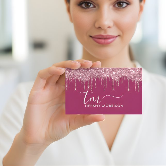 Modern Girly Rosa Glitter Drip Monogram-skript Visitkort (Skapare uppladdad)