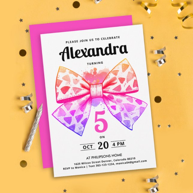 Modern Girly Rosa Gradient Bow Watercolor Birthday Inbjudningar (Skapare uppladdad)