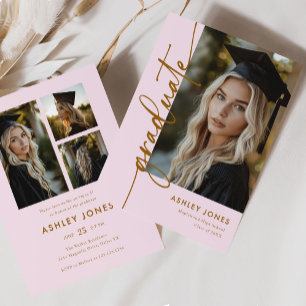 Modern Girly Rosa & Guld 4 Photo Studentfest Inbjudningar