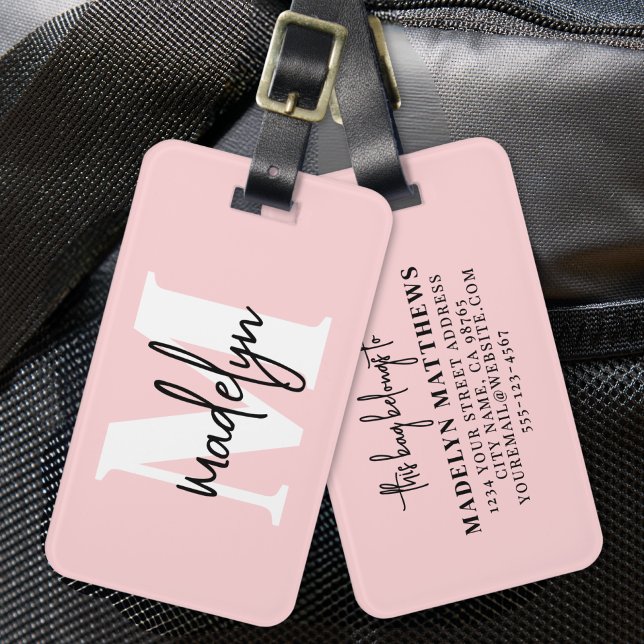 Modern Girly  Rosa Monogram Namn Bagagebricka (Modern Girly Blush Pink Monogram Name Luggage Tag)